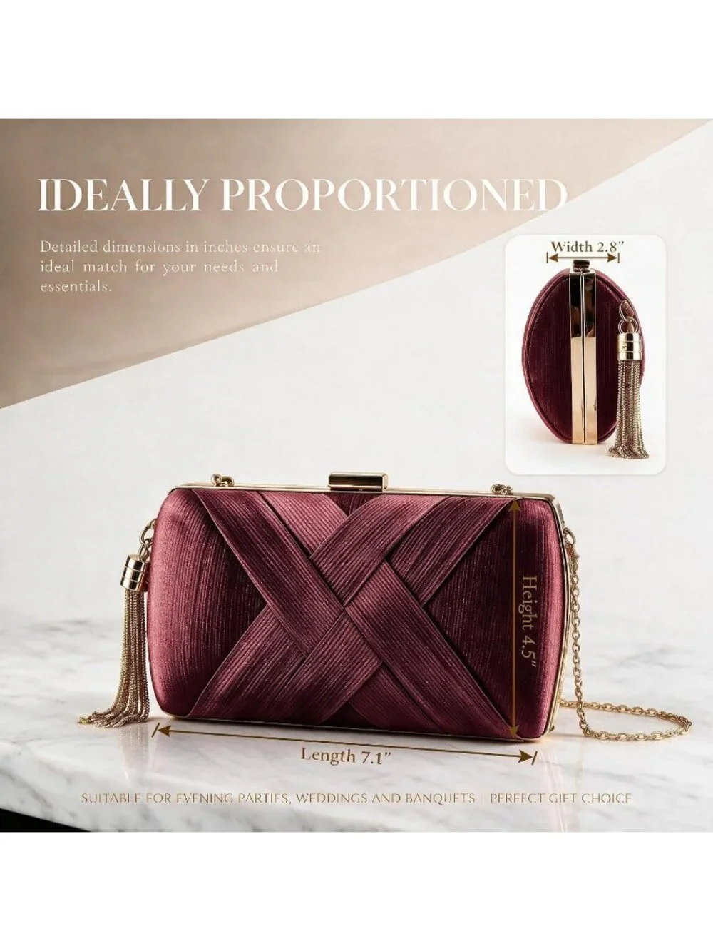 Women's Claret Silk Satin Clutch Purse Pearl Tassel With Chain Evening Bag